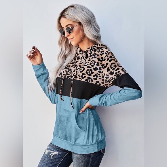 Leopard Print Hoodie - Contrast Color Block - Drawstring - Kangaroo Pockets - Picture 3 of 4
